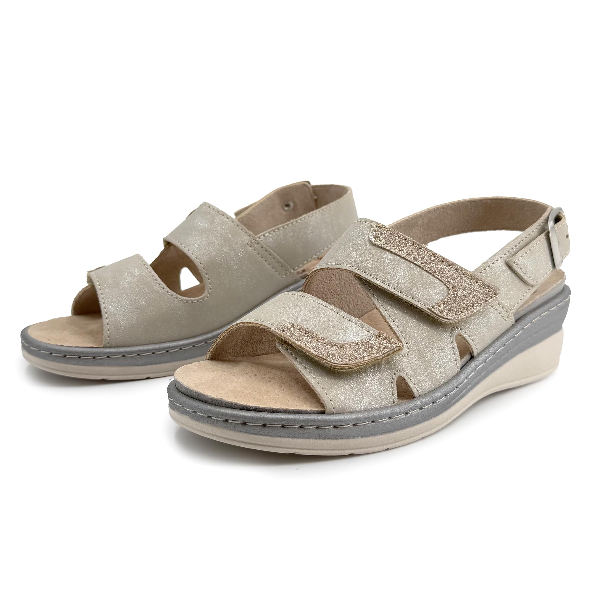 JOMIX Sandalias Ortopédicas Mujer Cómodas con Tiras Ajustables y Hebilla Regulable Cuña Ergonómica Anatómica Plantilla Extraíble de Piel Zapatillas de Verano para Mayor y Pies Sensibles