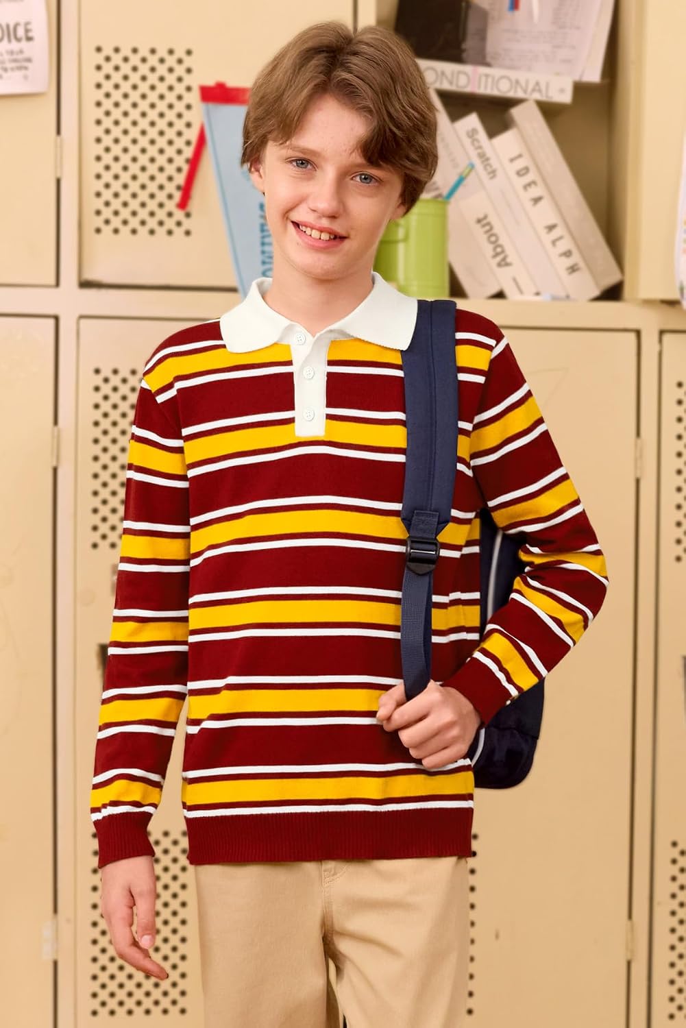 Boys Striped Rugby Polo Shirt Long Sleeve Cable Knit Uniform Shirts