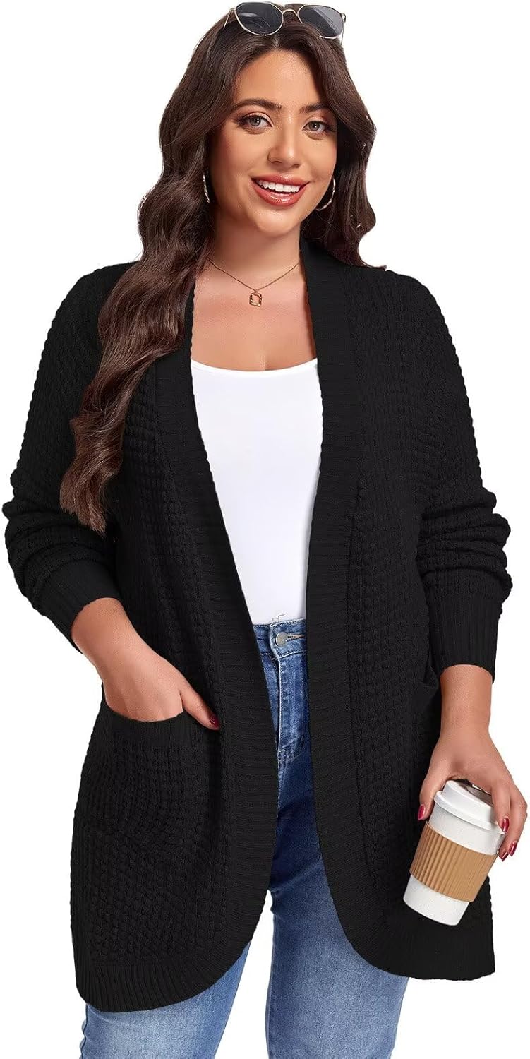 LARACE Long Cardigans for Women Plus Size Tops Open Front Sweaters with Pockets Waffle Ribbed Sleeve Loose Fall Outwear - Image 3