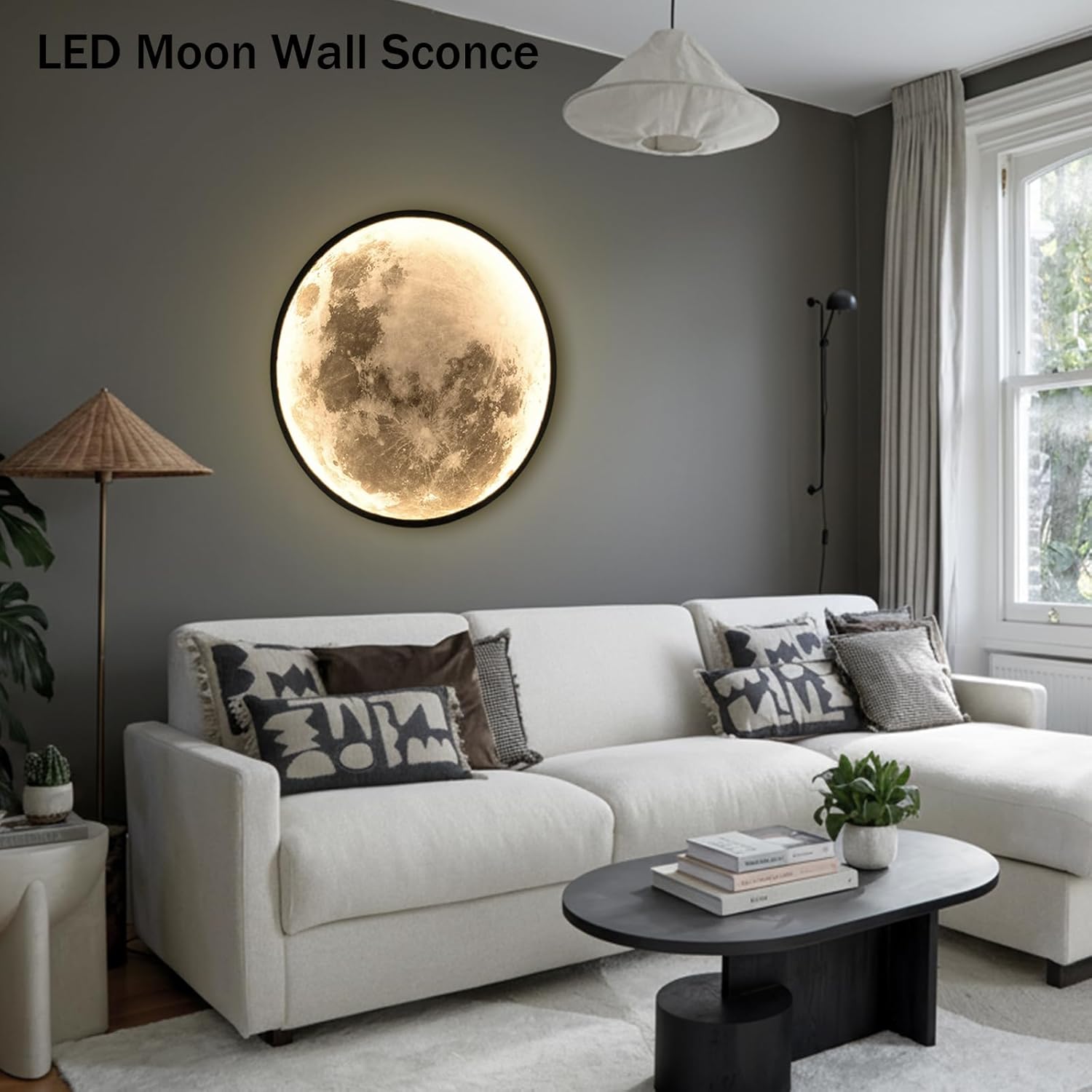 Dimmable Moon Wall Light 23.6 Inch Indoor Plug in LED Wall Sconce with Romote Control Black Modern Wall Lamps for Bedroon Living Room Decor Lighted Wall Art