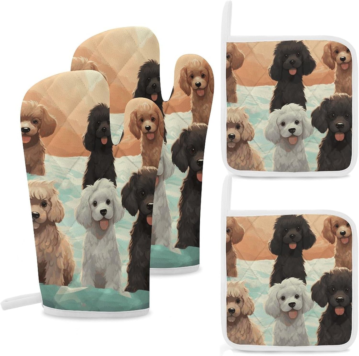 4-Piece Oven Mitts and Pot Holders Set Poodles Dogs Printed Heat-Resistant Polyester Kitchen Gloves and Potholders Comfortable & Durable for Cooking Baking and Grilling