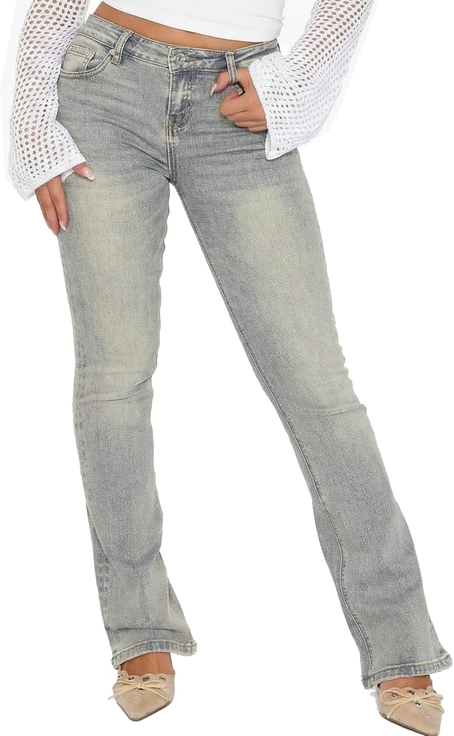 Women's Stretch Low Rise Double Button Elastic Skinny Vintage Flare Jeans