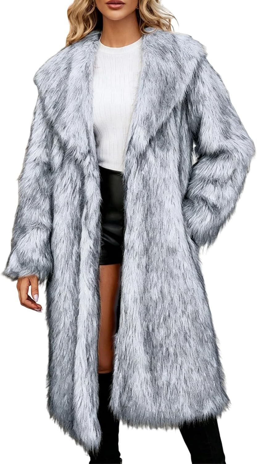 Women's Faux Fur Coat Long Sleeves Wide Lapel Elegant Long Jacket