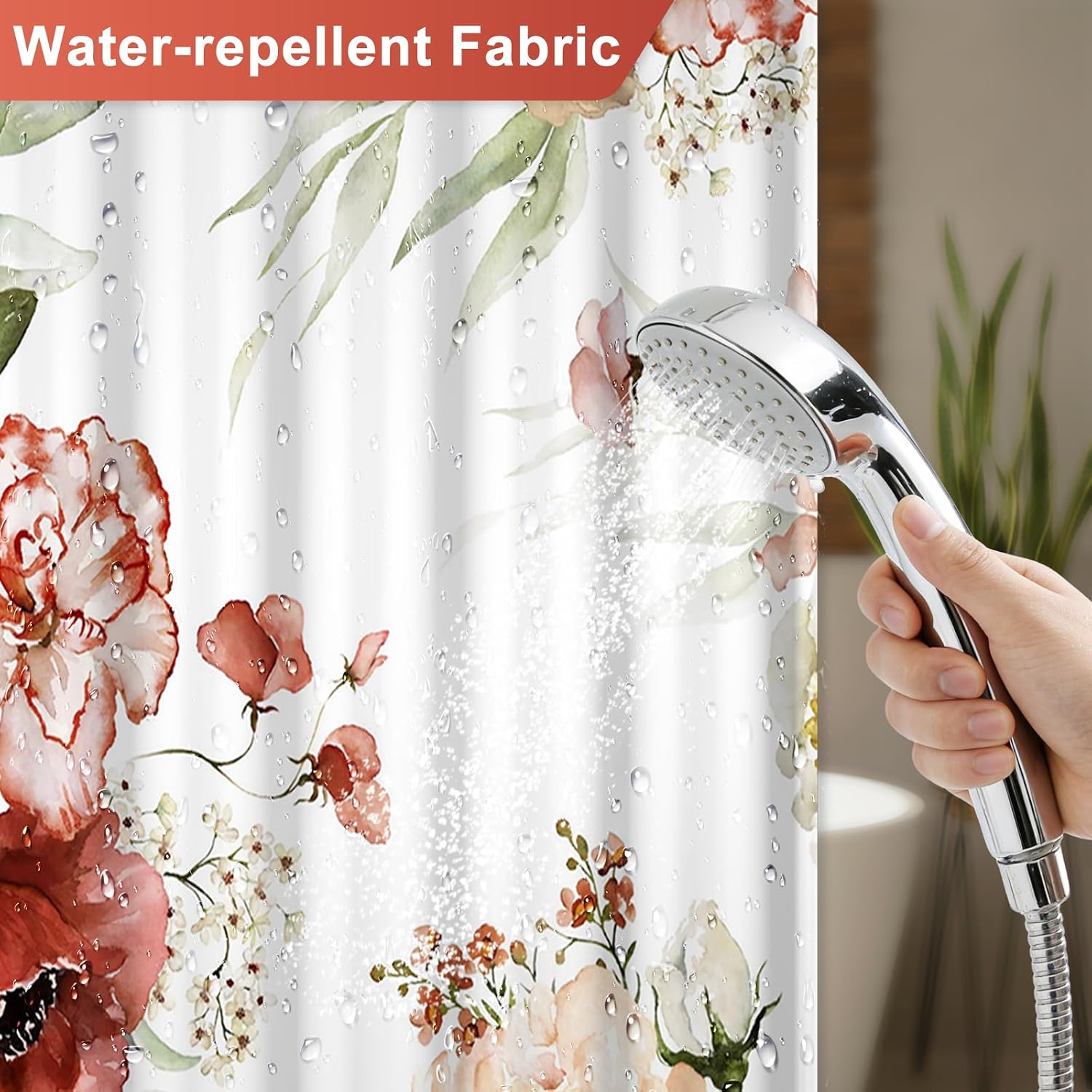 Watercolor Floral Shower Curtain with Hooks, Peony Carnation Elegant Shower Curtains for Bathroom, Weighted Hem & Waterproof, Machine Washable Flower Shower Curtain Set for Bathroom, 72"W x 72"L