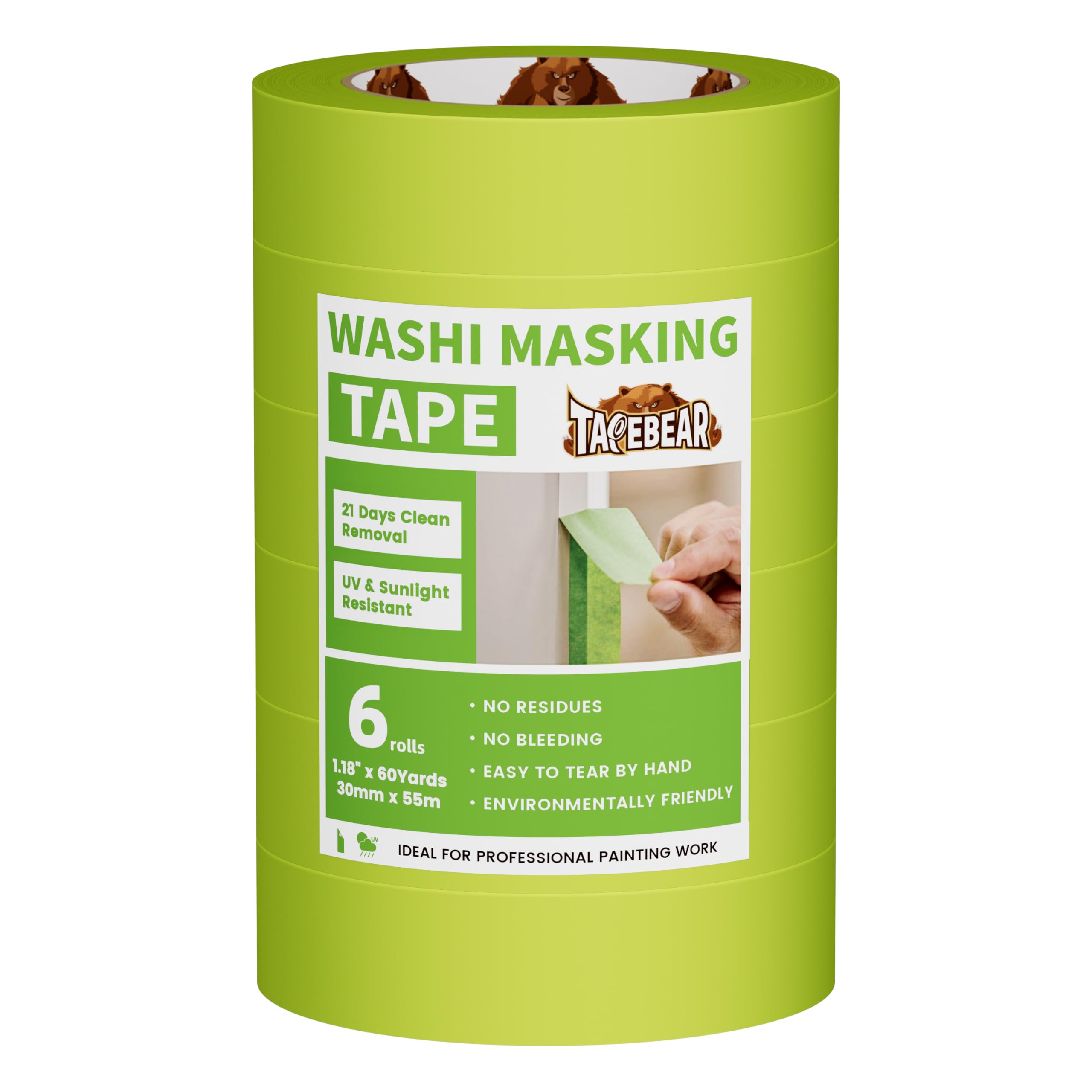 TAPEBEAR Advanced Painters Tape, 21-Days Clean Removal Green Washi Masking Tape 30mm x 55m, Low Adhesion, Indoor Outdoor Multi-Surface Painting with Sharp Lines for Wall Painting, 6Roll