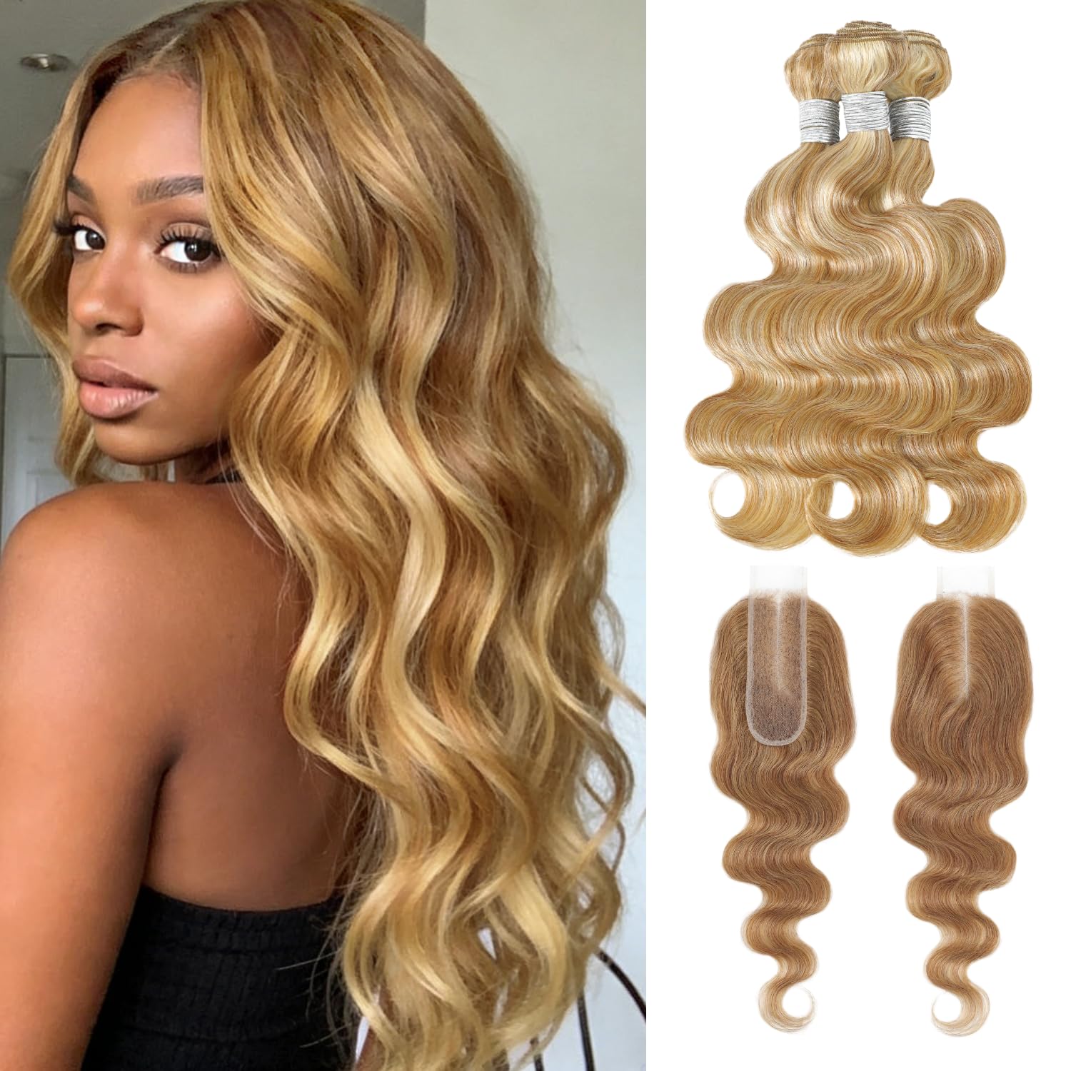 #F27/613 Blonde Highlight Bundles and 2x6 Closure Human Hair Body Wave 18 20 22+18 Inch, 13A 27/613 Blonde Bundles and #27 Honey Blonde 2x6 HD Lace Closure Long Deep No Fade 100% Virgin Hair