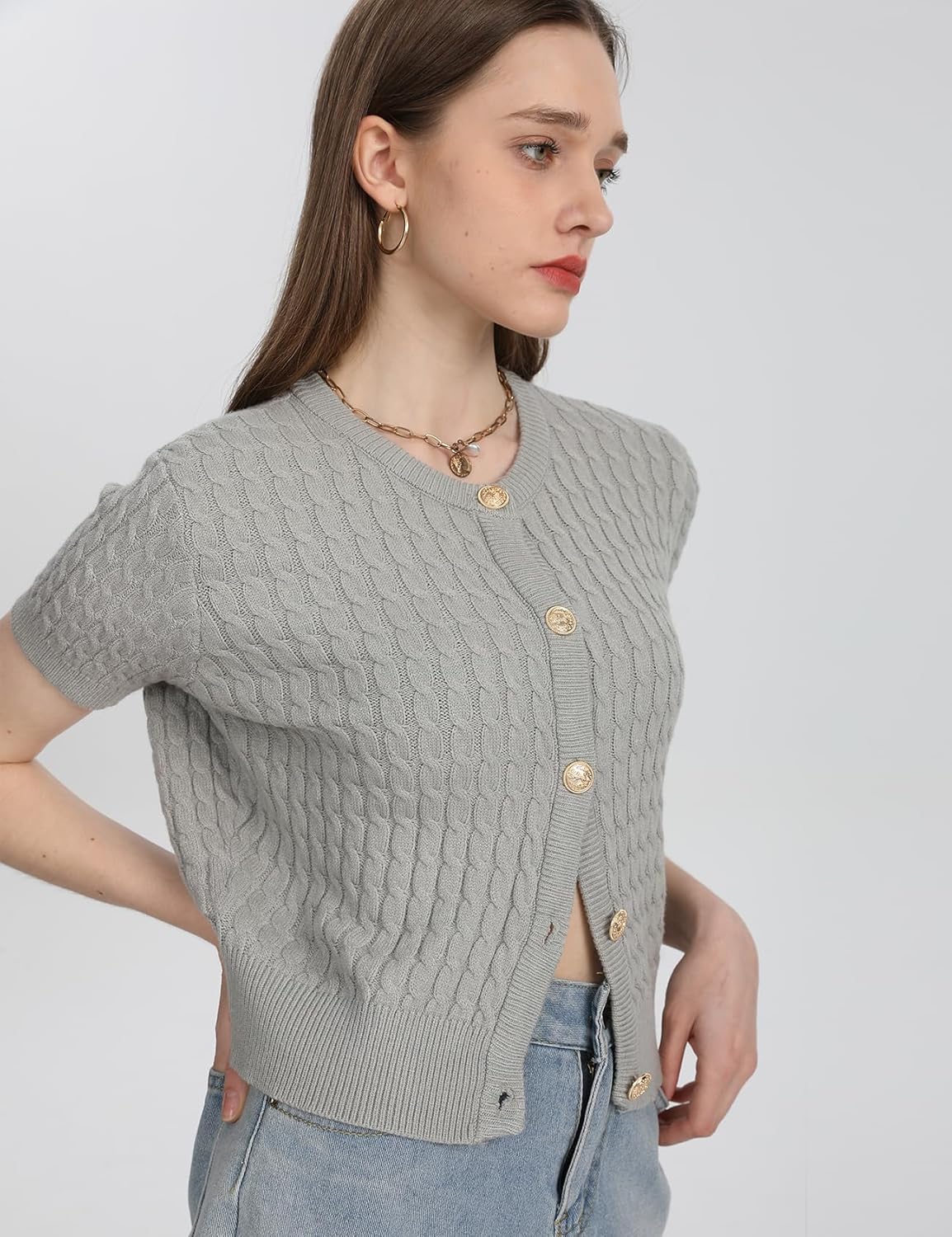 Yimoon Womens Short Sleeve Summer Cardigan Crop Button Down Cable Knit Sweater Basic Crewneck Slim fit Going Out Tops - Image 3