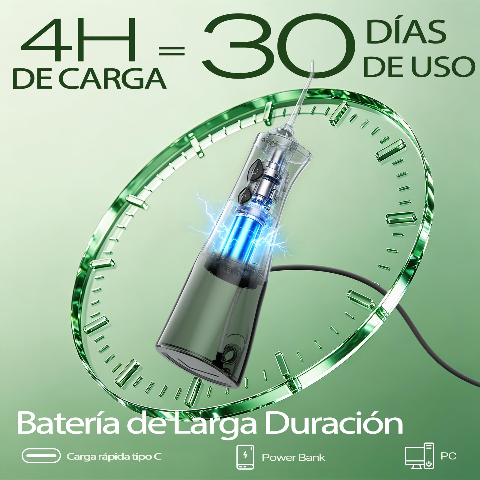 OasiSmile C2 Irrigador Dental Portátil, 350 ML Irrigador Bucal con Tecnología DIY Autoajustable, 5 Boquillas y 4 Modos, Ideal para Ortodoncia y Encías Sensibles, IPX7 Recargable para Viaje Hogar
