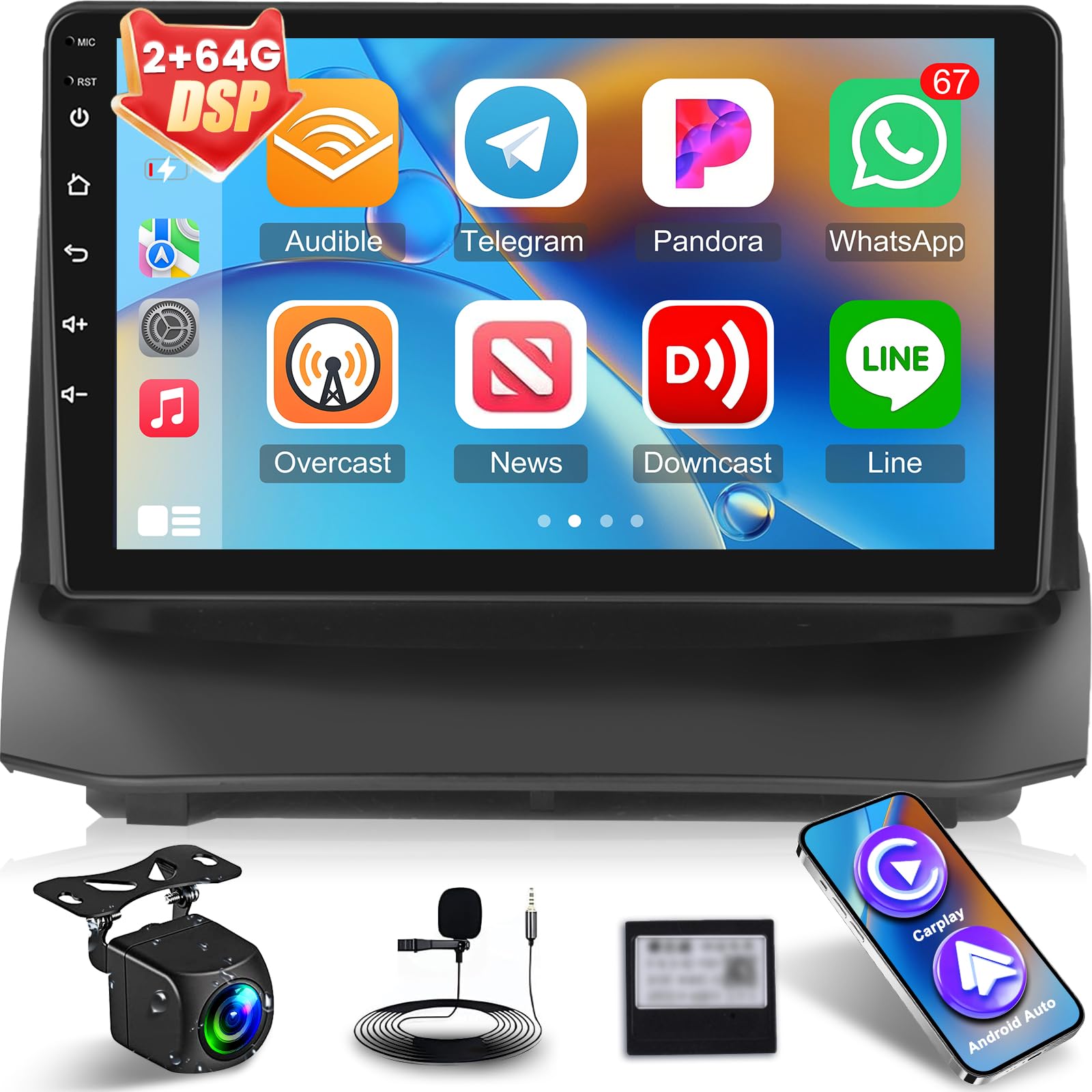 [2+64G] for Ford Fiesta 2009-2017 Android Car Stereo - 9 inch HD Touch Screen DSP Audio - Wireless Carplay and Android Auto, WiFi, GPS, Mirror Link?FM/RDS Radio, SWC + Canbus + AHD Backup Camera