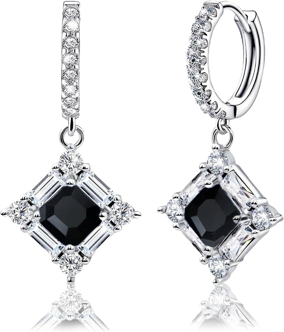 Black Dangle Hoop Earrings for Women Sterling Silver Cubic Zirconia Square Hoop Earrings with Cz Charm Sparkling Crystal Huggie Jewelry for Women Mother's Day Gifts for Mom Daughter Bridal Wedding