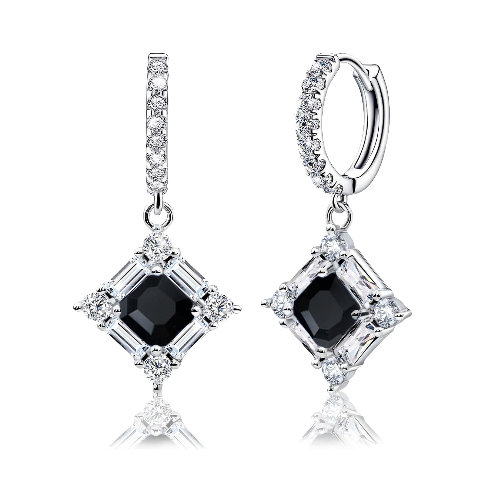 Black Dangle Hoop Earrings for Women Sterling Silver Cubic Zirconia Square Hoop Earrings with Cz Charm Sparkling Crystal Huggie Jewelry for Women