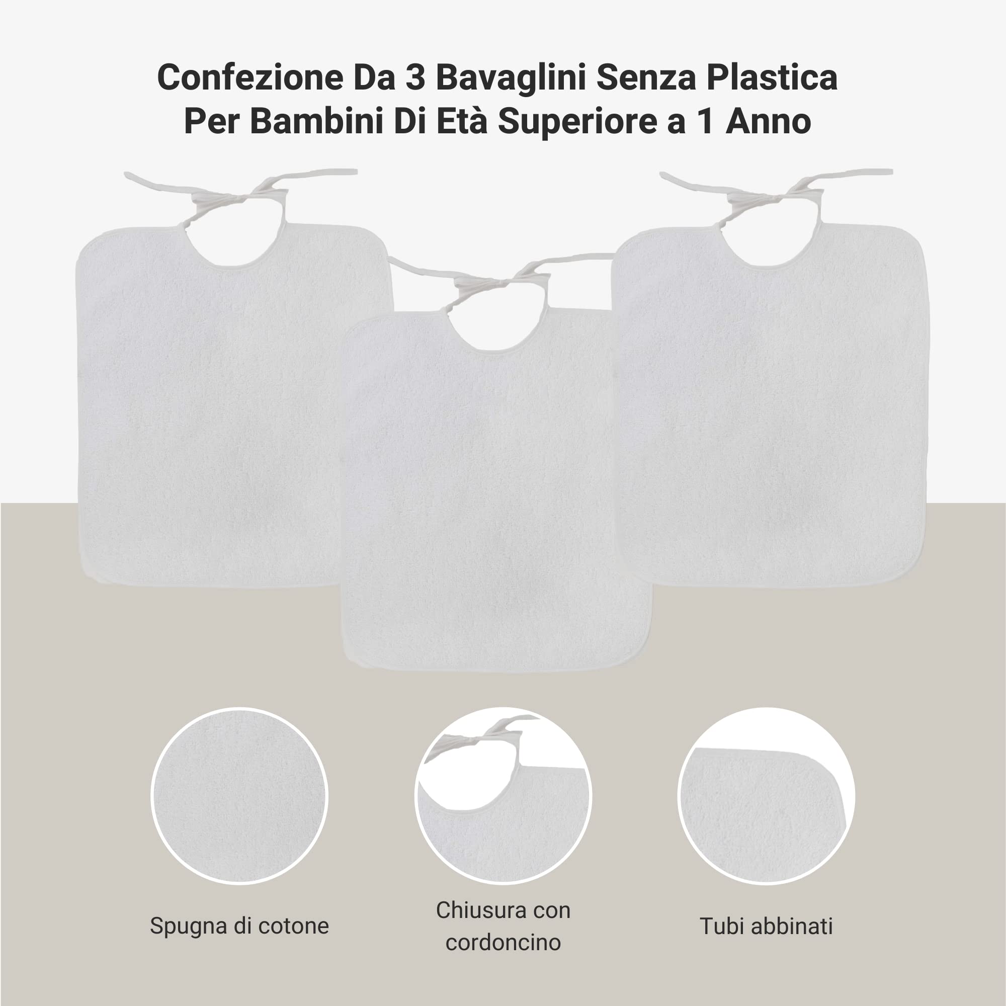 Bavaglini Senza Plastica per Bambini Set da 3 - Bianco 32x36 cm