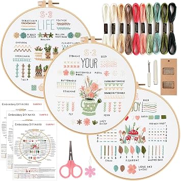 Asmoothread 3 Sets Embroidery Kit for Beginners, Embroidery Starter Kit Stitches Practice Kit Stamped Cross Stitch Sets with Tools