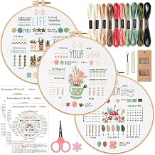 Asmoothread 3 Sets Embroidery Kit for Beginners, Embroidery Starter Kit Stitches Practice Kit Stamped Cross Stitch Sets with Tools