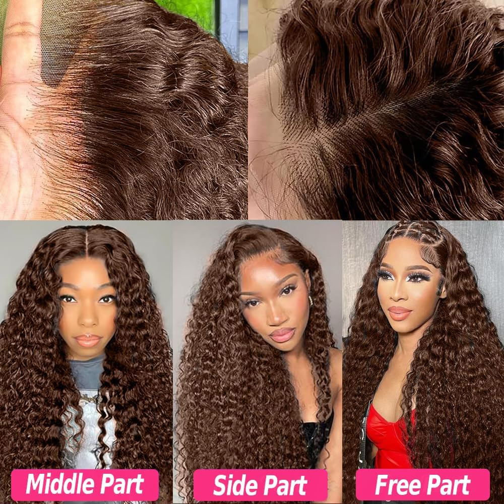 CHEETAHBEAUTY #4 Chocolate Brown Deep Wave 13X6 HD Transparent Lace Front Wigs Brazilian 10A Grade Deep Curly Human Hair Wigs for Black Women Pre Plucked with Baby Hair 250% Density(20inch)