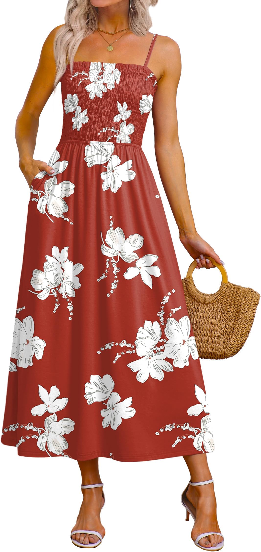 Womens Spaghetti Strap Maxi Dresses Smocked with Pockets 2026 Summer Spring Casual Boho Beach Long Sundresses