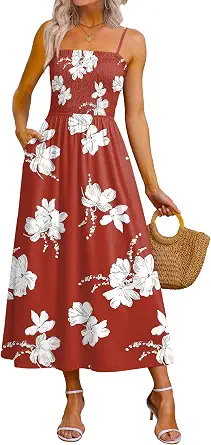  Womens Spaghetti Strap Maxi Dresses Smocked with Pockets 2026 Summer Spring Casual Boho Beach Long Sundresses