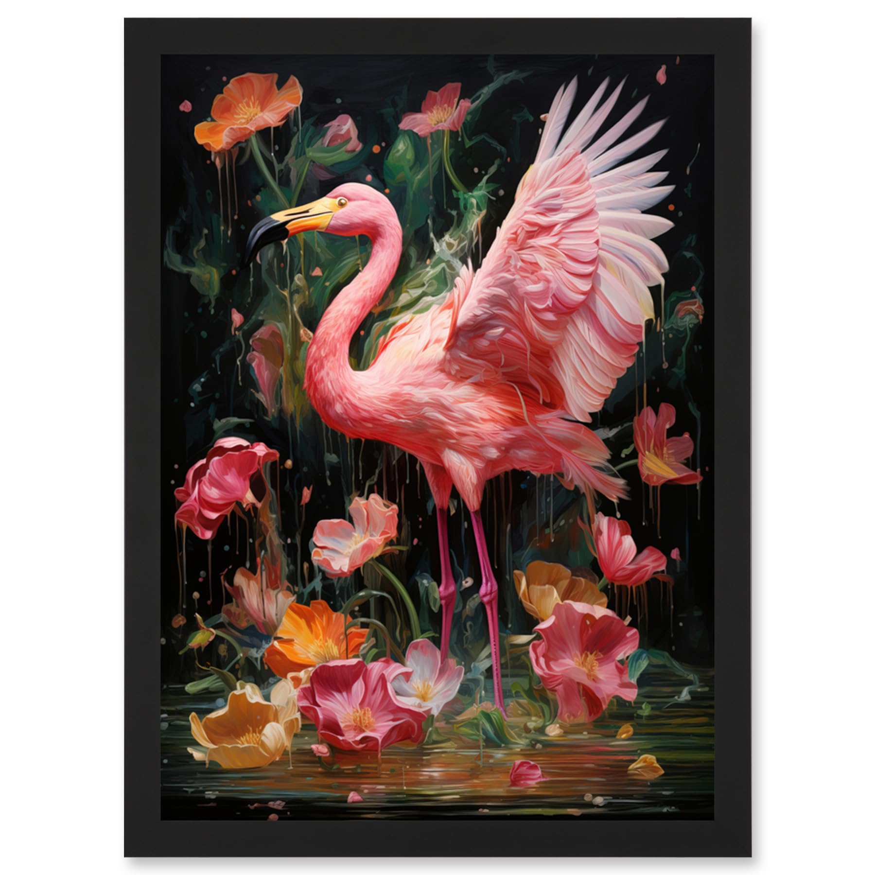 Artery8 Flamboyant Flamingo Feathers Artwork Bird in the Rain Vibrant Pink Orange Green Artwork Framed Wall Art Print A4