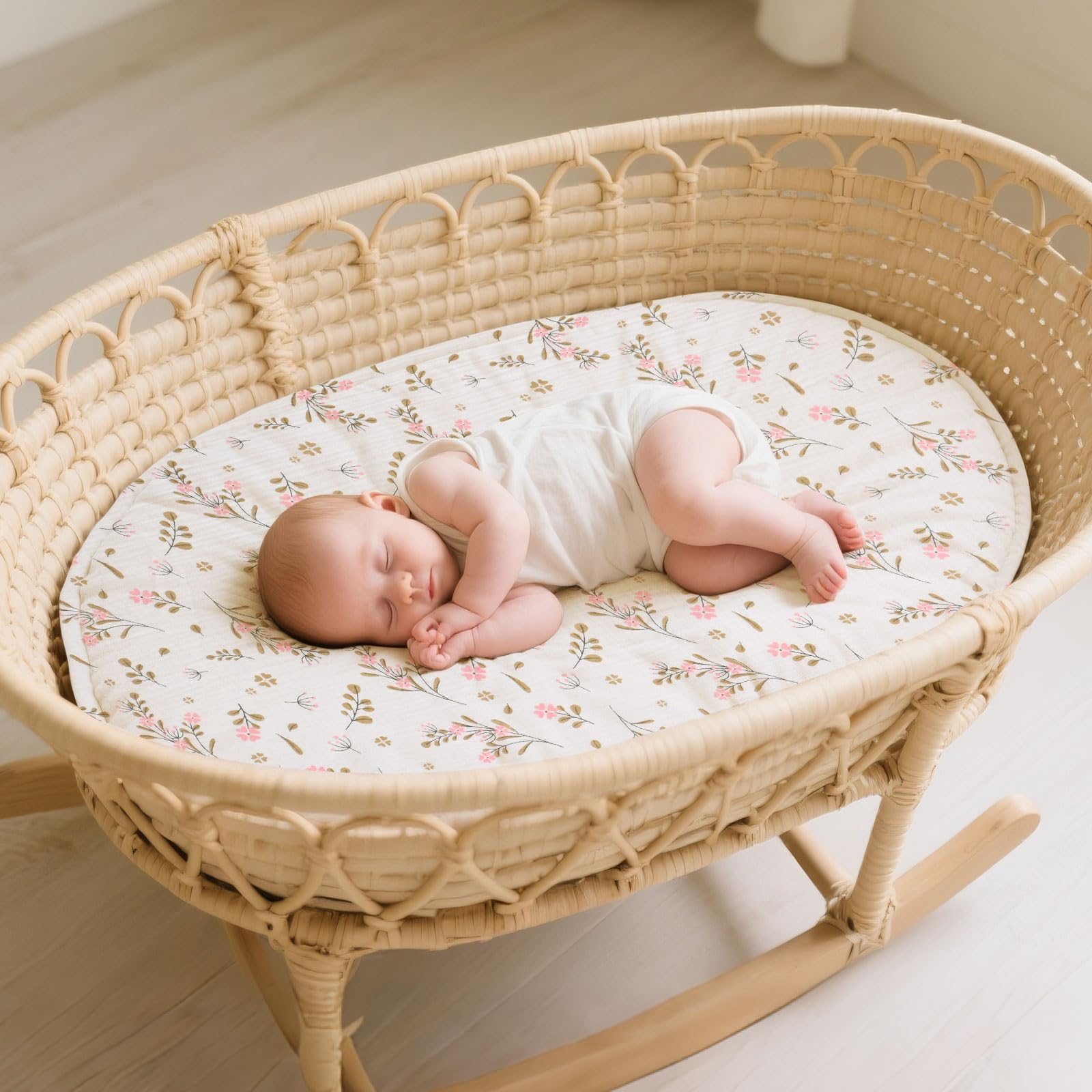 3 Stück Baby-Bettlaken, 83 × 43 cm, Universelle Spannbettlaken für Kinderwagen, 100% Musselin-Baumwolle, Baby Spannbettlaken, Reisebett Spannlaken Beistellbett Leintücher (Rosa Blume)
