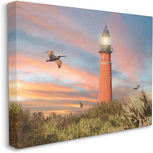 Miniatura 2 de Stupell Industries Faro de entrada de ponce rojo brillante con dunas densas de hierba al atardecer, lienzo para pared, 16 x 20, multicolor