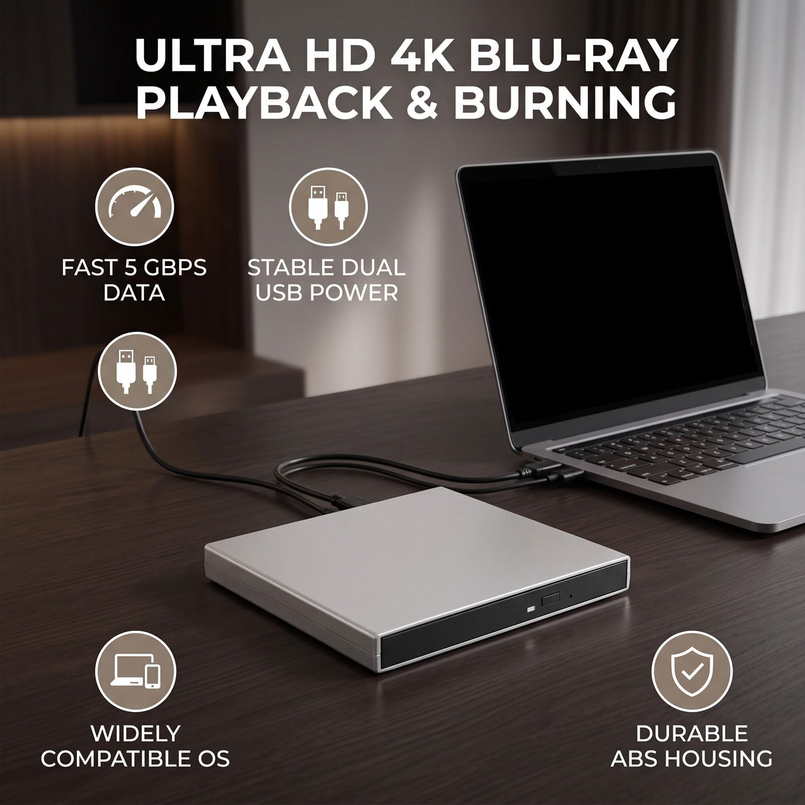 XUMIUZIY Unidad de CD DVD Externa USB 4K para PC de Escritorio Portátil, 5 Gbps (Black)