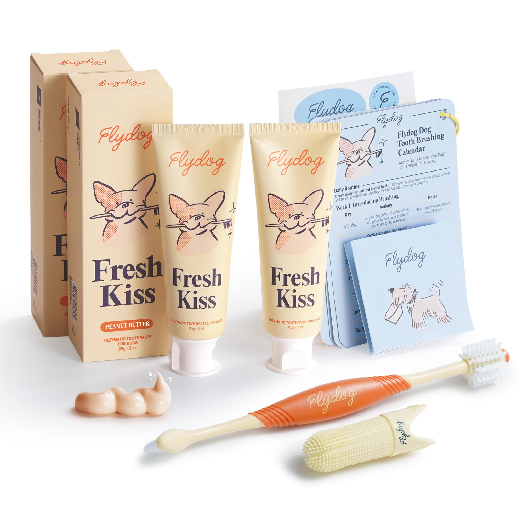 FlyDog Fresh Kiss Dog Tooth Brushing Kit - Vet Approved Formula, Enzymatic Dog Toothpaste and Brush - Breath Freshener & Tartar Remover, 360° Toothbrush & Finger Brush, Dental Guide, Peanut Butter