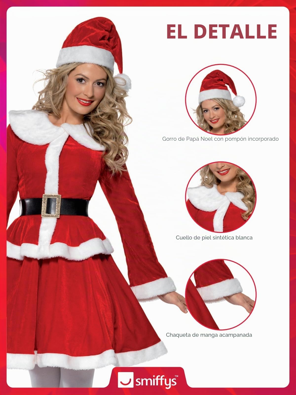 Smiffys Disfraz de Miss Santa, Rojo, con chaqueta, falda, gorro, cinturón y manguito Halloween, Carnaval