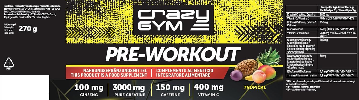Crazy Gym Pre-Workout – Food Supplement with Creatine, Caffeine, Ginseng & Rhodiola Extracts, Vitamins C, E, B1, B2, Niacin – (30 Servings) – Pre-Training Formula (Tropical Fruit)