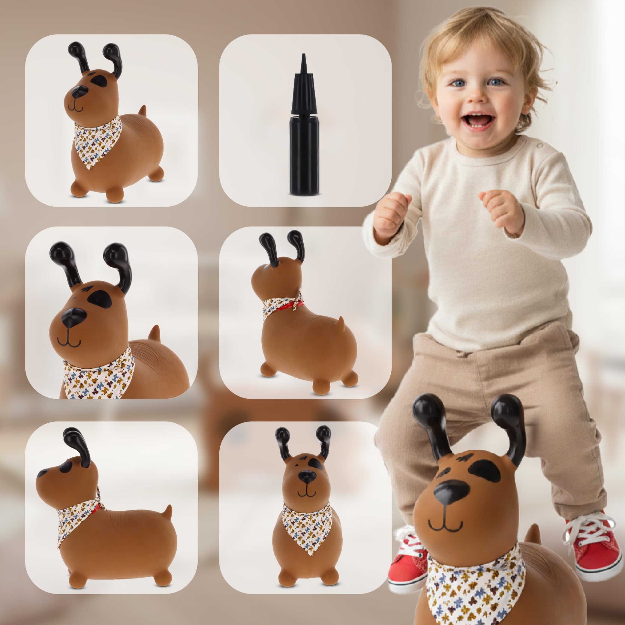 sun baby Saltador Hinchable para Niños hasta 45 Kg sin BPA, de 1 año, Pelotas saltarinas para niños (Perro marrón con Bandana)