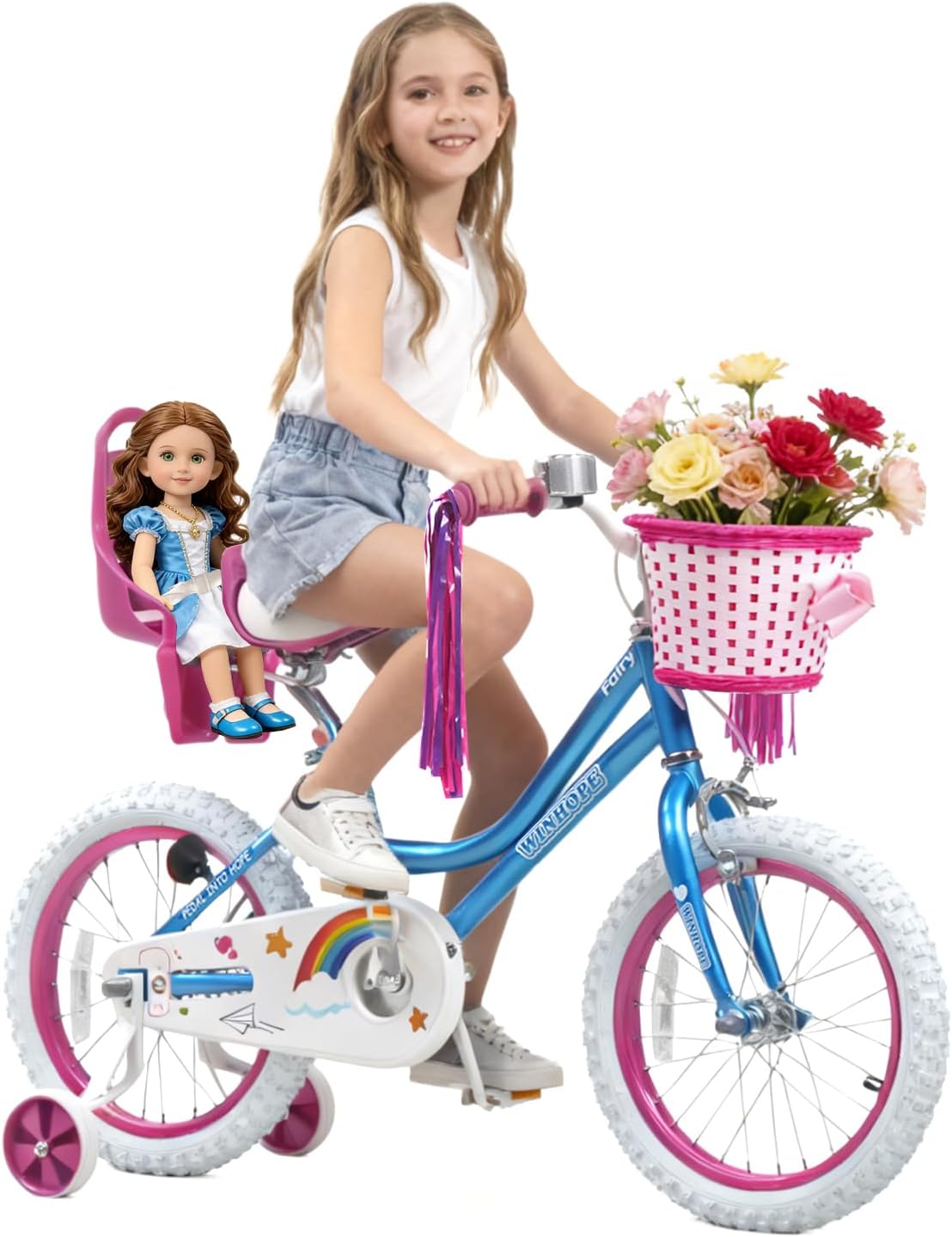 WinHope Girls Bike 12-18 Inch Kids Bicycle with Training Wheels, Doll Seat, Basket & Streamers for Ages 2-9