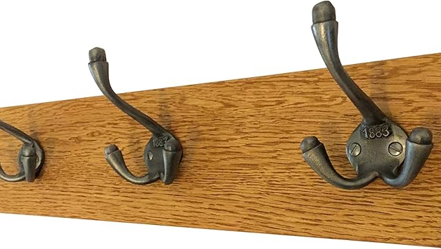 Element Wooden Designs Antique Coat Rack Industrial Triple 1883 Cast Iron Hooks Solid Oak Wood Vintage Wall Mounted (60cm 4 Hooks)