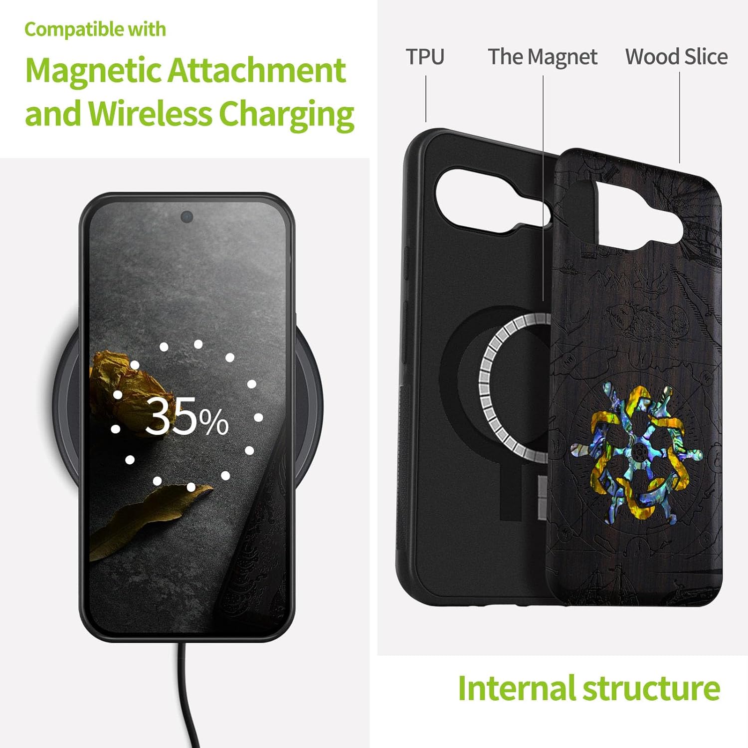 Carveit Magnetic Wooden Case for Google Pixel 9a Case, Wood Artisan Engraved & Handmade Shell Inlaid, Compatible with MagSafe Wireless Chargers (Vintage Wooden Wheel) Blackwood