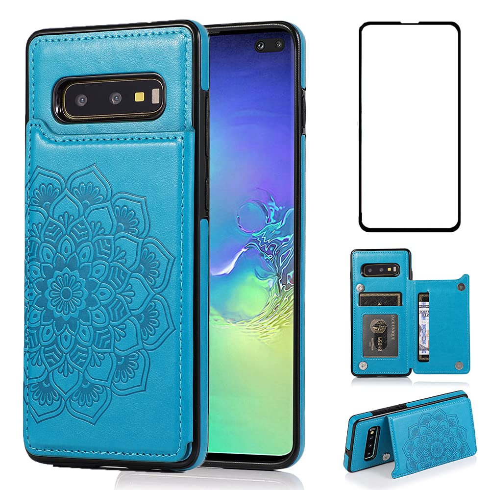 NKECXKJ Design for Samsung Galaxy S10E Case with Tempered Glass Screen Protector Credit Card Holder Slot, PU Leather Wallet Phone Cases Stand Kickstand Protective Cover for Glaxay S 10E Women Blue