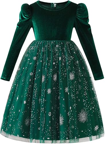 ZGKB Tween Girl Christmas Velvet Pentagram Print Contrast Mesh Princess Dress Lo