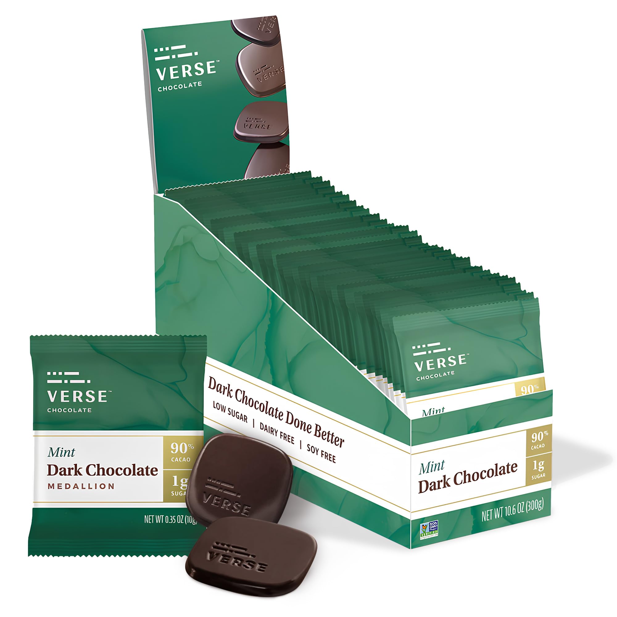 Verse Chocolate Mint 90% Dark Chocolate Squares - Only 1g Cane Sugar - Creamy Dark Cocoa - Individually Wrapped Chocolates (30 Count)