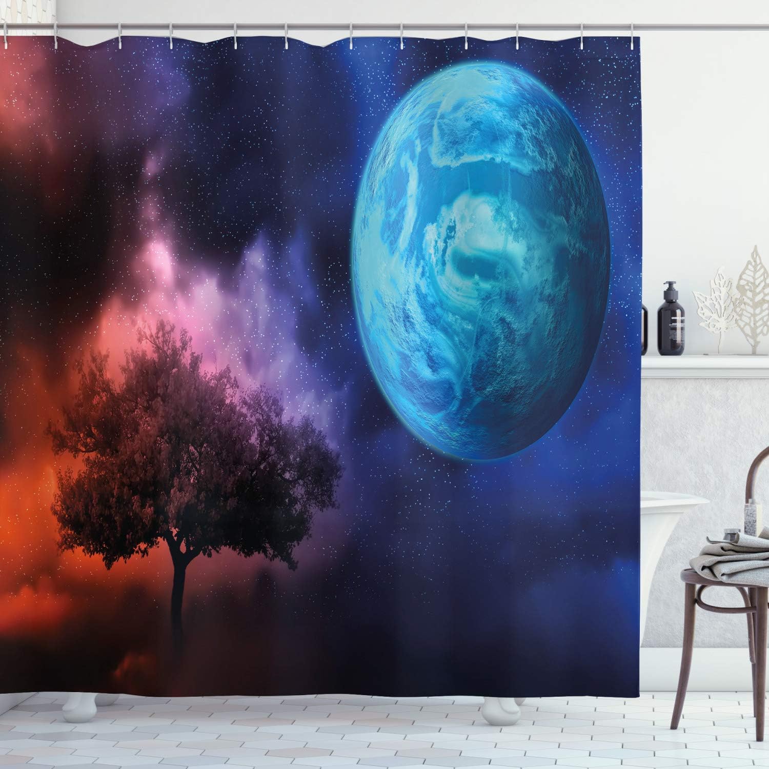 Ambesonne Space Shower Curtain, Tree of Life Theme with Moon Mystery Futuristic Fantasy Mythical Picture, Cloth Fabric Bathroom Decor Set with Hooks, 69" W x 70" L, Pink and Blue