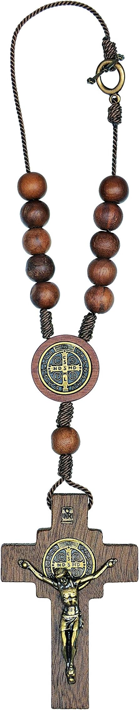 Intercession Intercession Car Rearview Mirror Rosary Decade Crucifix Ornament - Made in Brazil (St Benedict One Decade - Antique Gold - 10mm Beads)