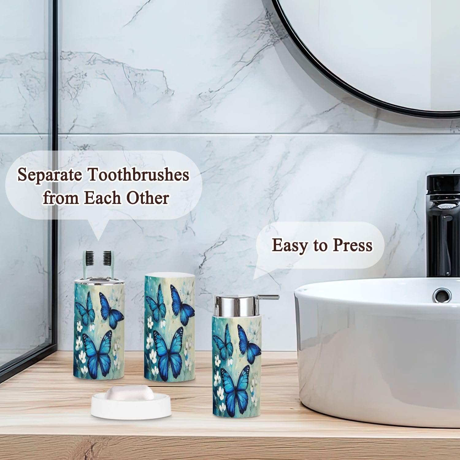 Bathroom Accessories Set 6 Pcs Green Blue Butterfly White Flowers Boho Butterflies Flowers Teal Toothbrush Holder Cup Soap Dispenser Soap Dish Toilet Brush Holder Trash Can for Countertop Decor