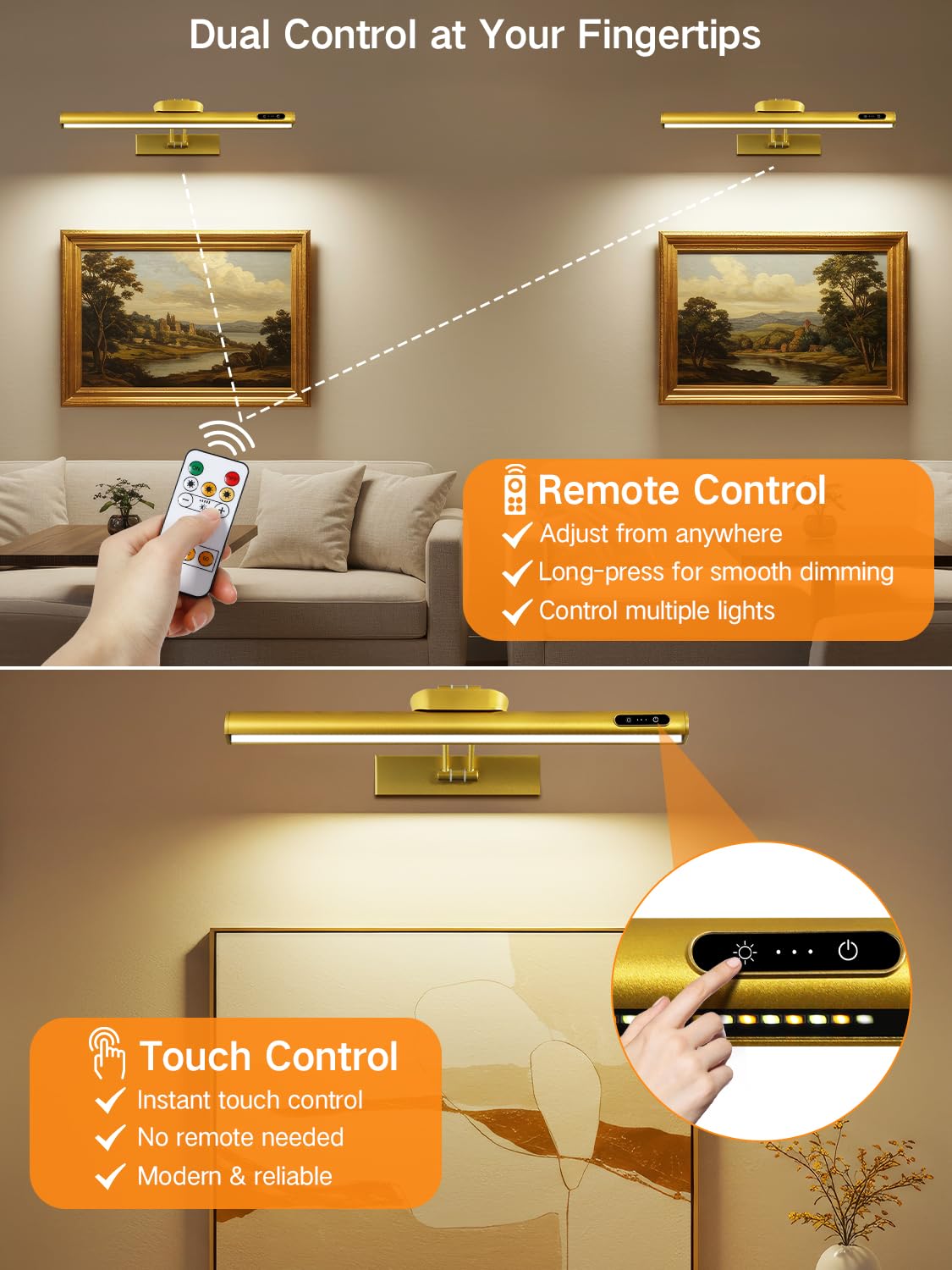 OUTON 40cm Bilderleuchte Kabellos Wiederaufladbar mit Fernbedienung+Touch, LED-Akku-Wandleuchte Bildbeleuchtung, Dimmbar 3-Farb Timer, 4000mAh USB-C-Aufladbar, Wandlampe für Gemälde Spiegel – Gold