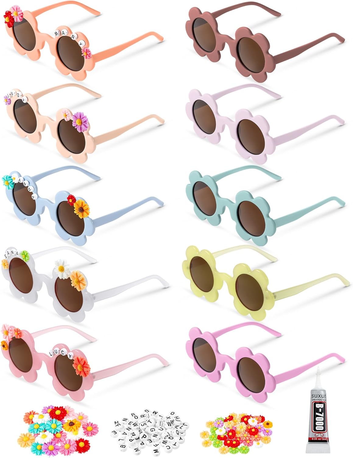 Tigeen 10 Pairs 5.71in Adult Flower Sunglasses Glasses UV Protection Glasses with 50 Daisy Charms 200 Random Letter Beads
