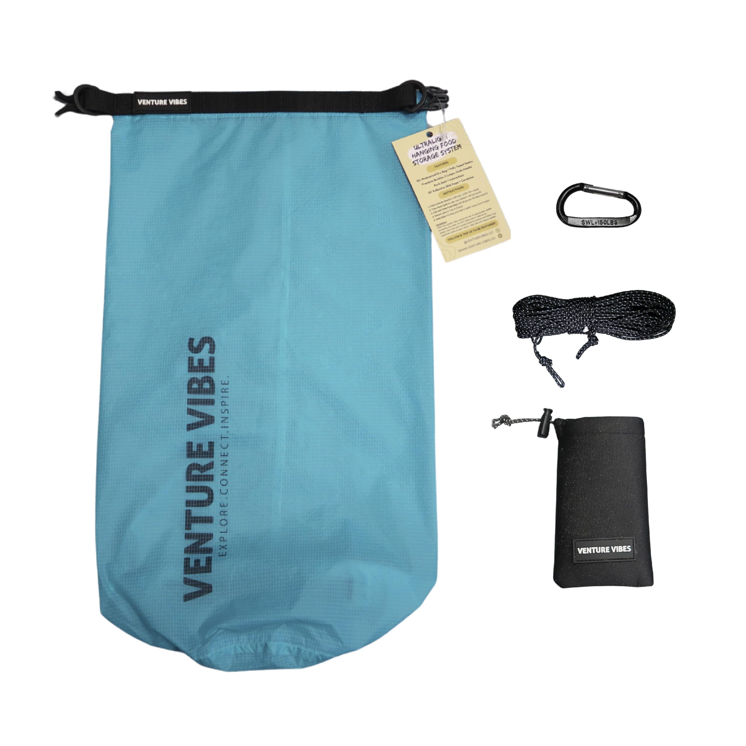Venture Vibes | Premium Ultralight Bear Bag Kit for Backpacking | 10L Dry Bag - Neoprene Rock Sack - Reflective Slick Rope - Hanging Food Storage for