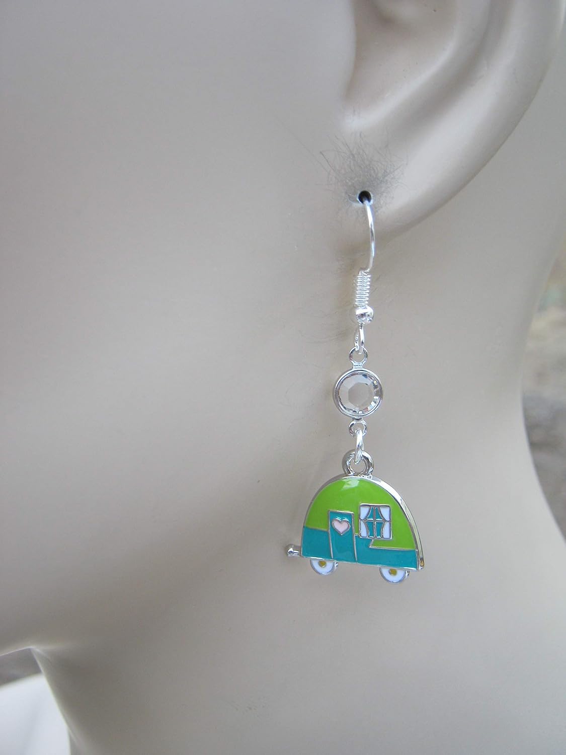 Enameled Camper Birthstone Earrings, Personalized Travel Trailer Earrings, Green/Teal RV Jewelry