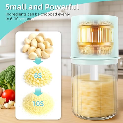 Miniatura 6 de Mini picadora eléctrica de alimentos, recipiente transparente con tapa azul, tamaño compacto (verde)