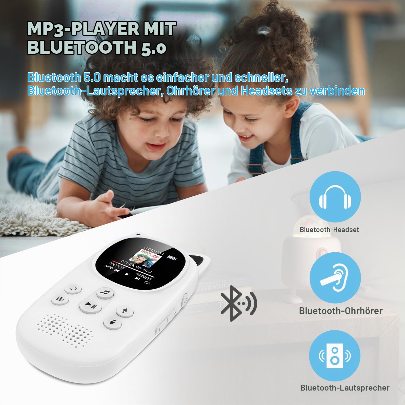 32GB MP3-Player mit Bluetooth 5.0, Oilsky Kinder MP3 Player mit Kopfhörer, 750mAh Tragbarem Sport Mp3 Musikplayer mit Lautsprecher, UKW-Radio, Schrittzähler, Diktiergerät (Schwarz)