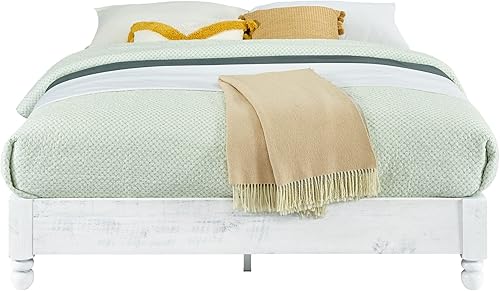 Miniatura 5 de MUSEHOMEINC Base de cama de plataforma de madera maciza, estilo rústico, base de colchón (no necesita somier), acabado blanco lavado, tamaño Queen