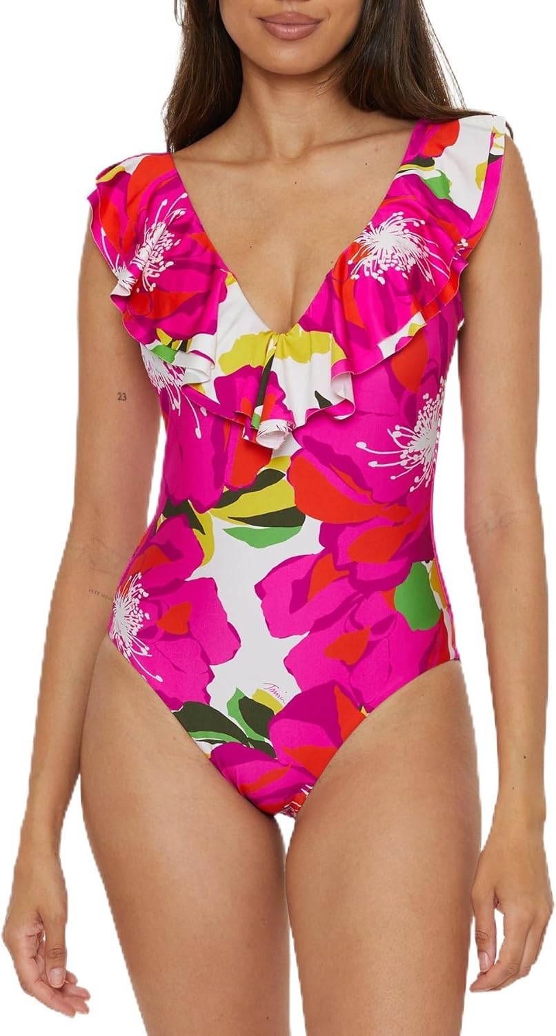 Trina Turk Womens Bloom Ruffle One Piece Swimsuit, Plunge V-Neck, Bathing Suits for Women