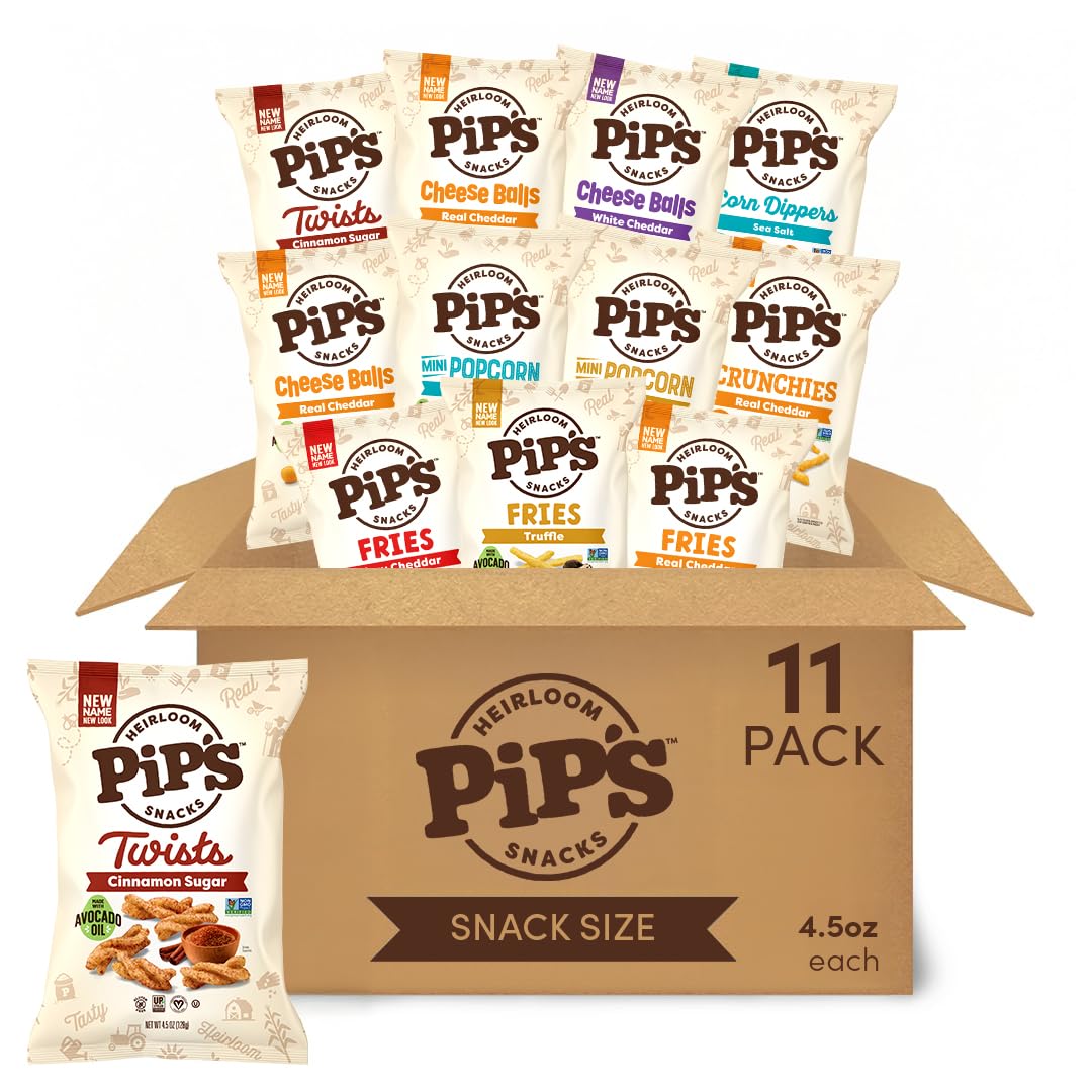 Pip’s Heirloom Snacks Shark Tank Sampler – Variety Pack (11 ct) – Individually Wrapped Whole Grain Snack Packs Made With Heirloom Corn & Avocado Oil – Better For You Snacks, Gluten Free, Non-GMO