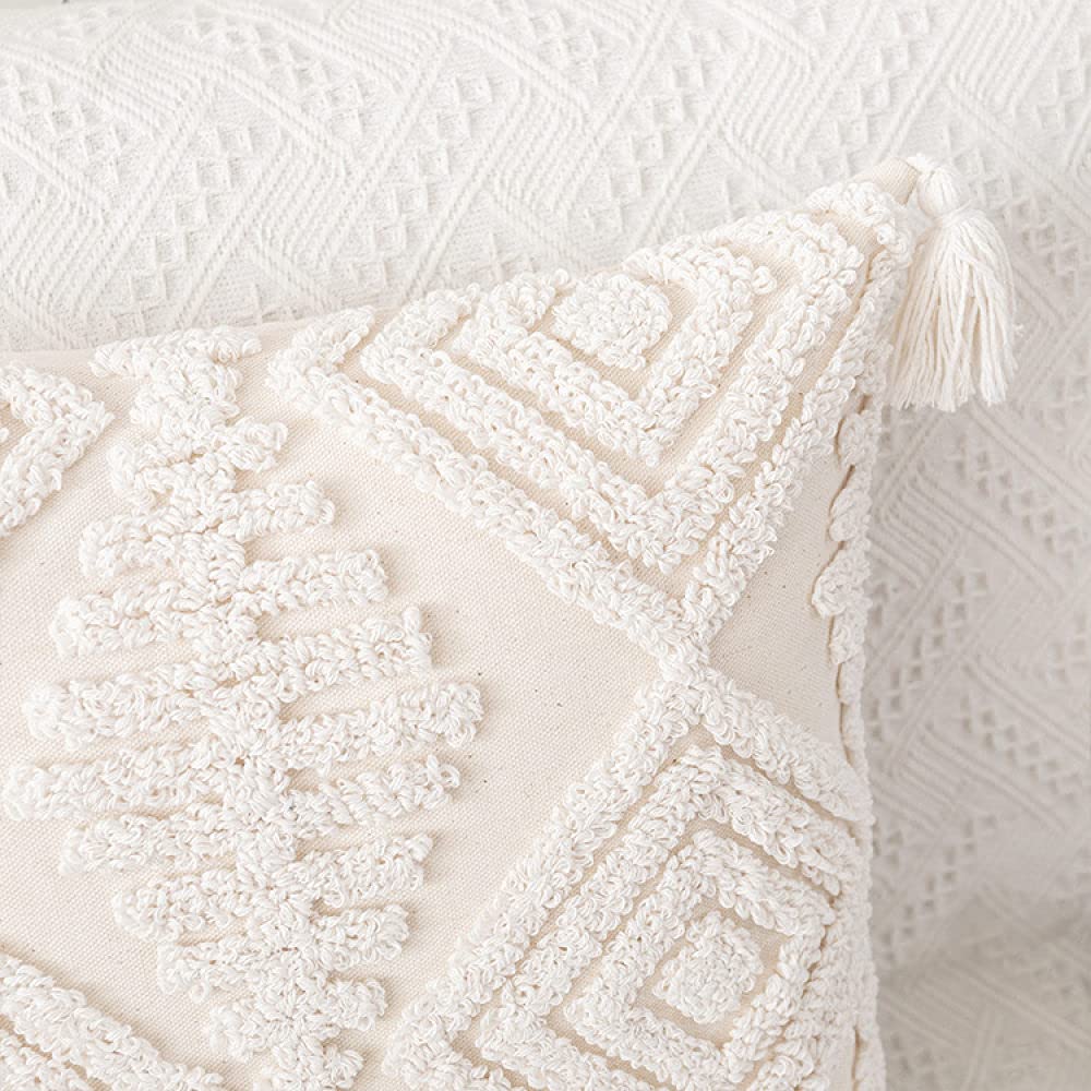 Boho Kissen, Vintage Beige Tufted Diamond Grid Jacquard Quasten Baumwolle Dekorative Kissenbezüge Marokkanisch Nordic 45X45Cm Dekokissen Bezüge Für Sofa Schlafzimmer Wohnzimmer,45X45Cm,6-Teiliges