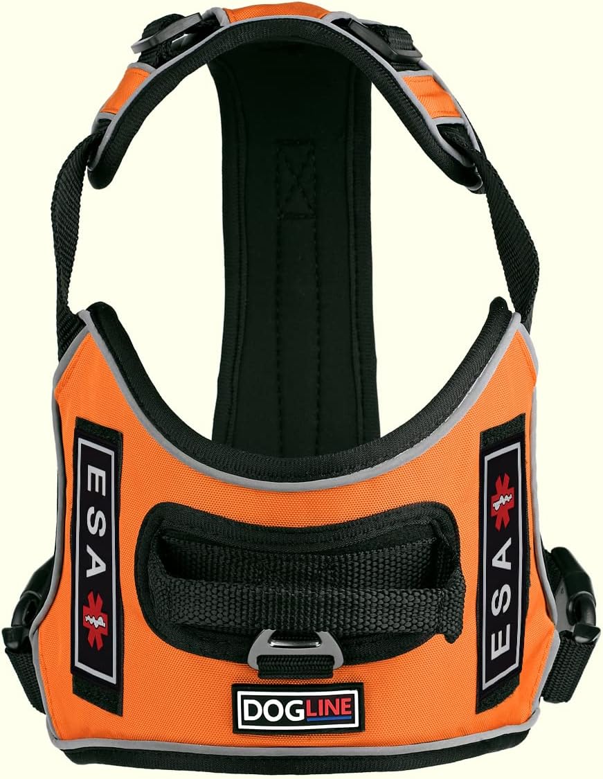 Dogline Quest No-Pull Dog Harness with 3D Rubber ESA Removable Patches Reflective Soft Comfortable Dog Vest with Quick Release Dual Buckles Black Hardware and Handle 32 to 40 inches Orange