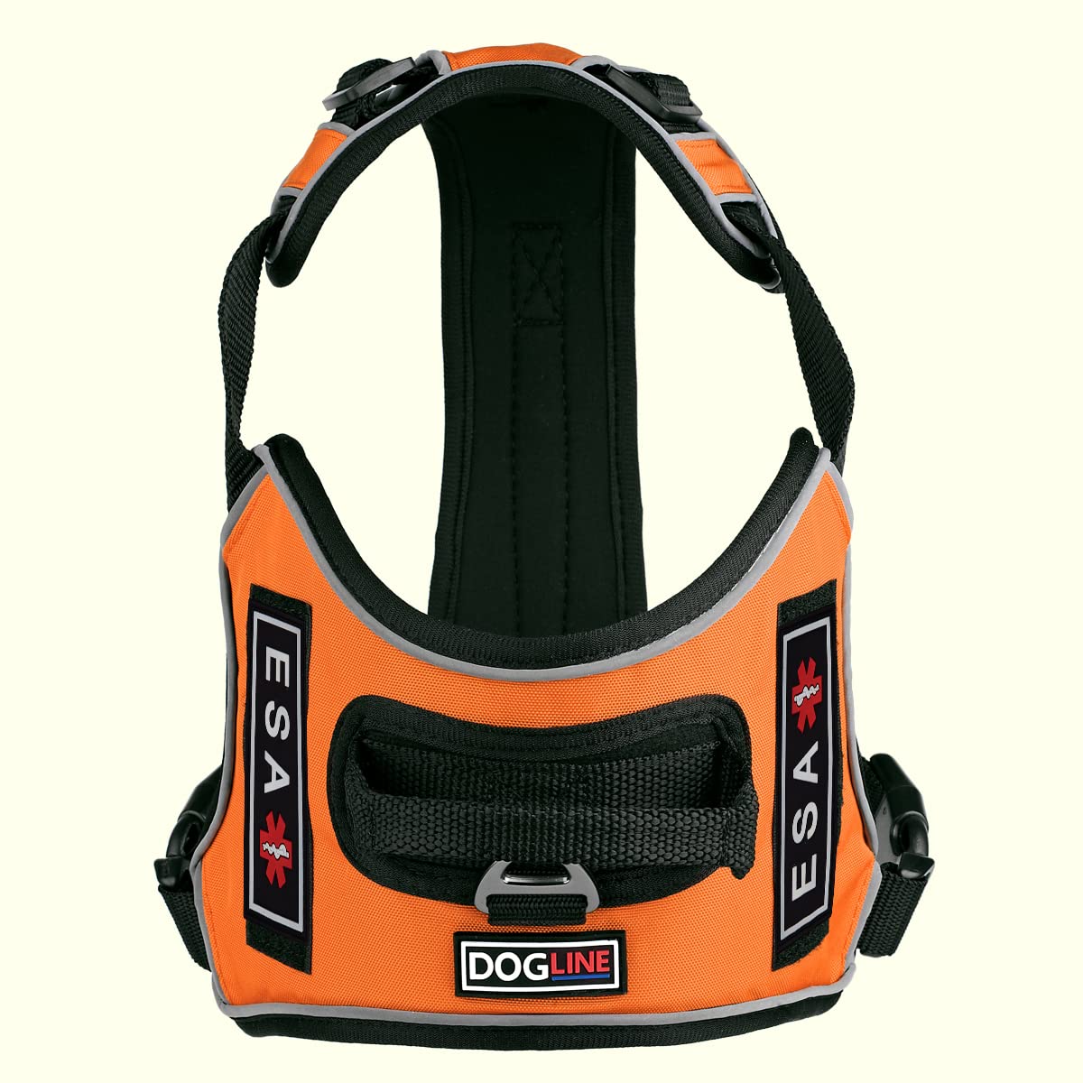 Dogline Quest Pettorina per cani antitiro, in gomma 3D, con toppe rimovibili ESA, riflettente, morbida, confortevole, con sgancio rapido, doppia fibbia, ferramenta nera e manico da 32 a 101,6 cm,